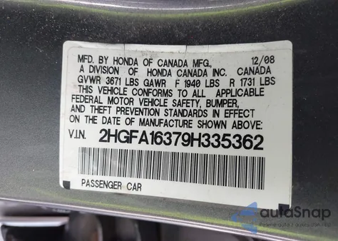 2009 Honda Civic Vp from USA, damaged, VIN 2HGFA16379H335362